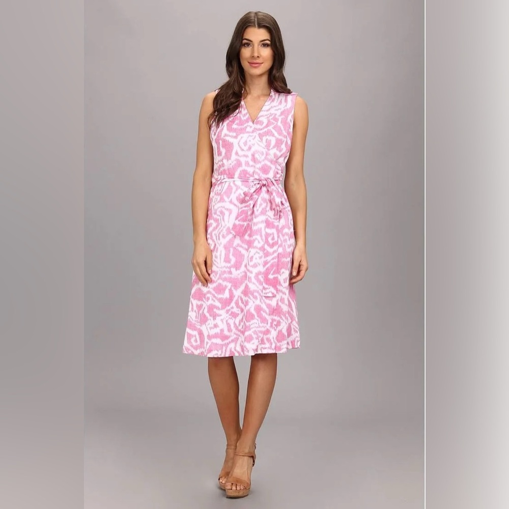 Pendleton Sleeveless Ikat Wrap Dress Pink White Size 8 Cotton Tie Collar
